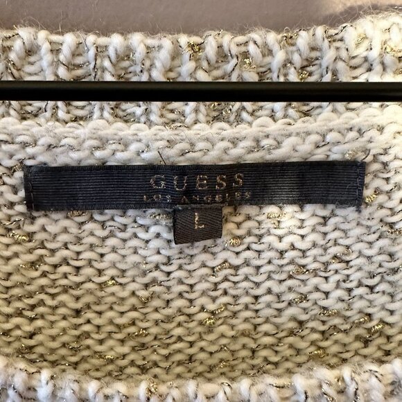 Women's L Guess Embellished Sweater White Metallic Gold Thread Crew Neck - Picture 4 of 10